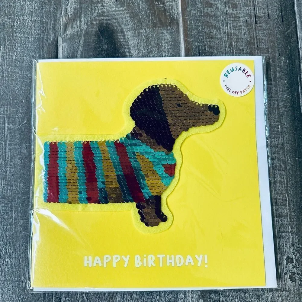 Dachshund Dog Rainbow Sequin Patch Happy Birthday Card